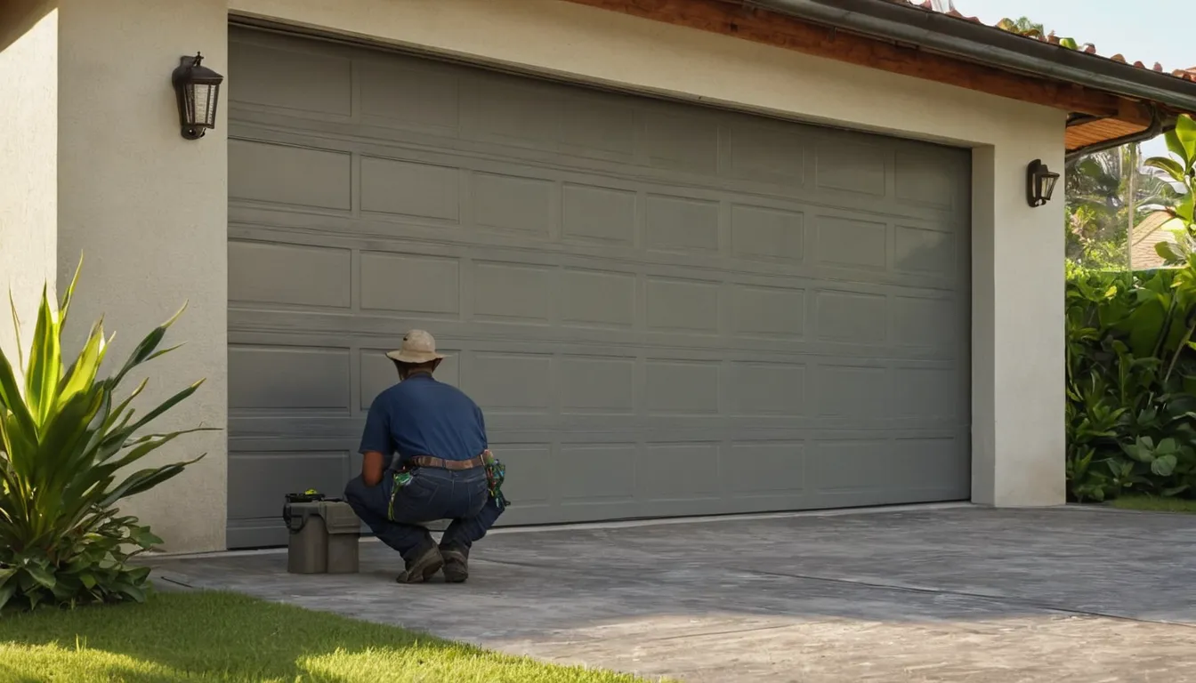 A garage door provider checking the door of a single-story home in Deerfield Beach